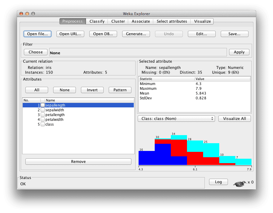 Weka Explorer Interface with the Iris dataset loaded