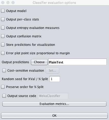 Weka Customized Test Options For Making Predictions