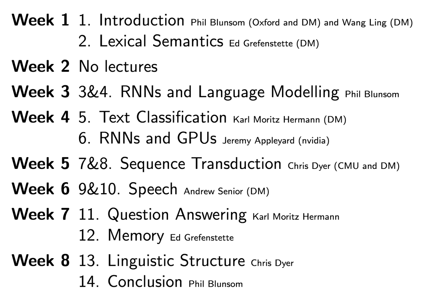 Deep Learning for Natural Language Processing at Oxford Lecture Breakdown