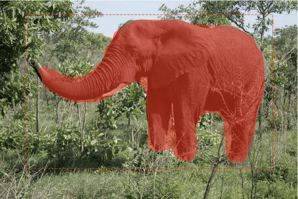 Photograph of an Elephant With All Objects Detected With a Bounding Box and Mask