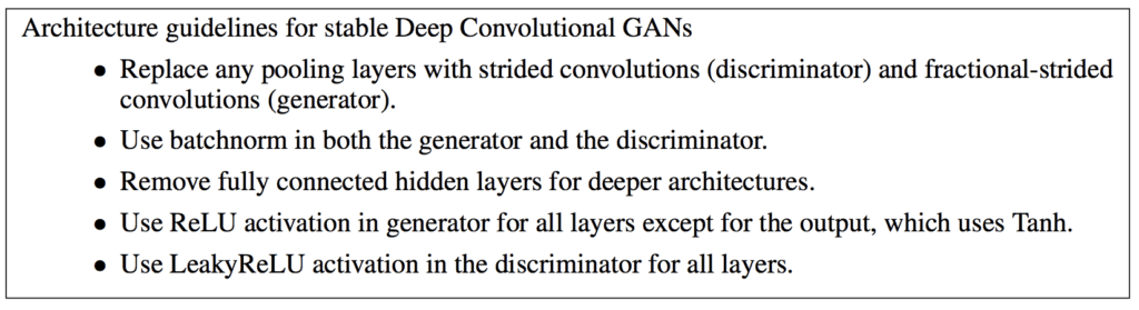 Summary of Architectural Guidelines for Training Stable Deep Convolutional Generative Adversarial Networks