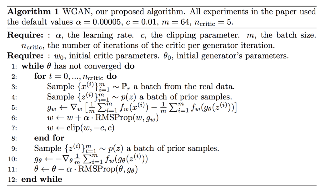Algorithm for the Wasserstein Generative Adversarial Network (WGAN)