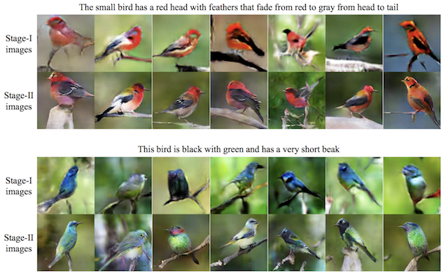 Example of Textual Descriptions and GAN Generated Photographs of Birds