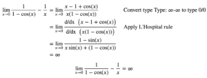 lim(𝑥→0) 1/(1-cos(x)) - 1/x = ∞