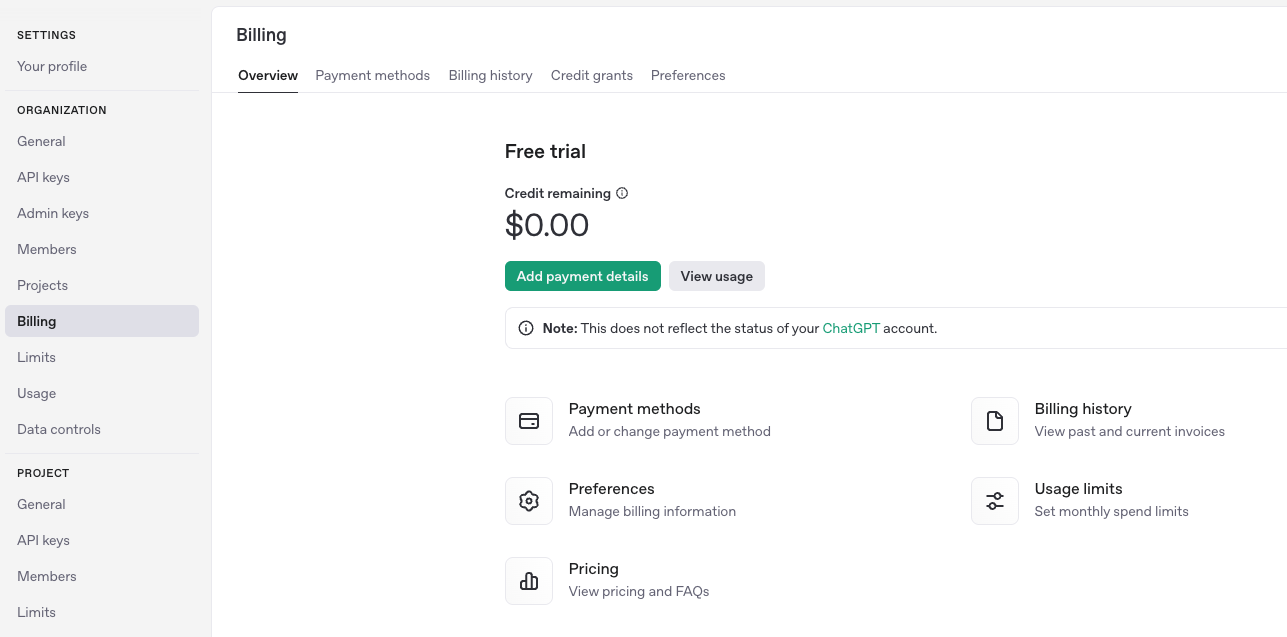 OpenAI billing settings
