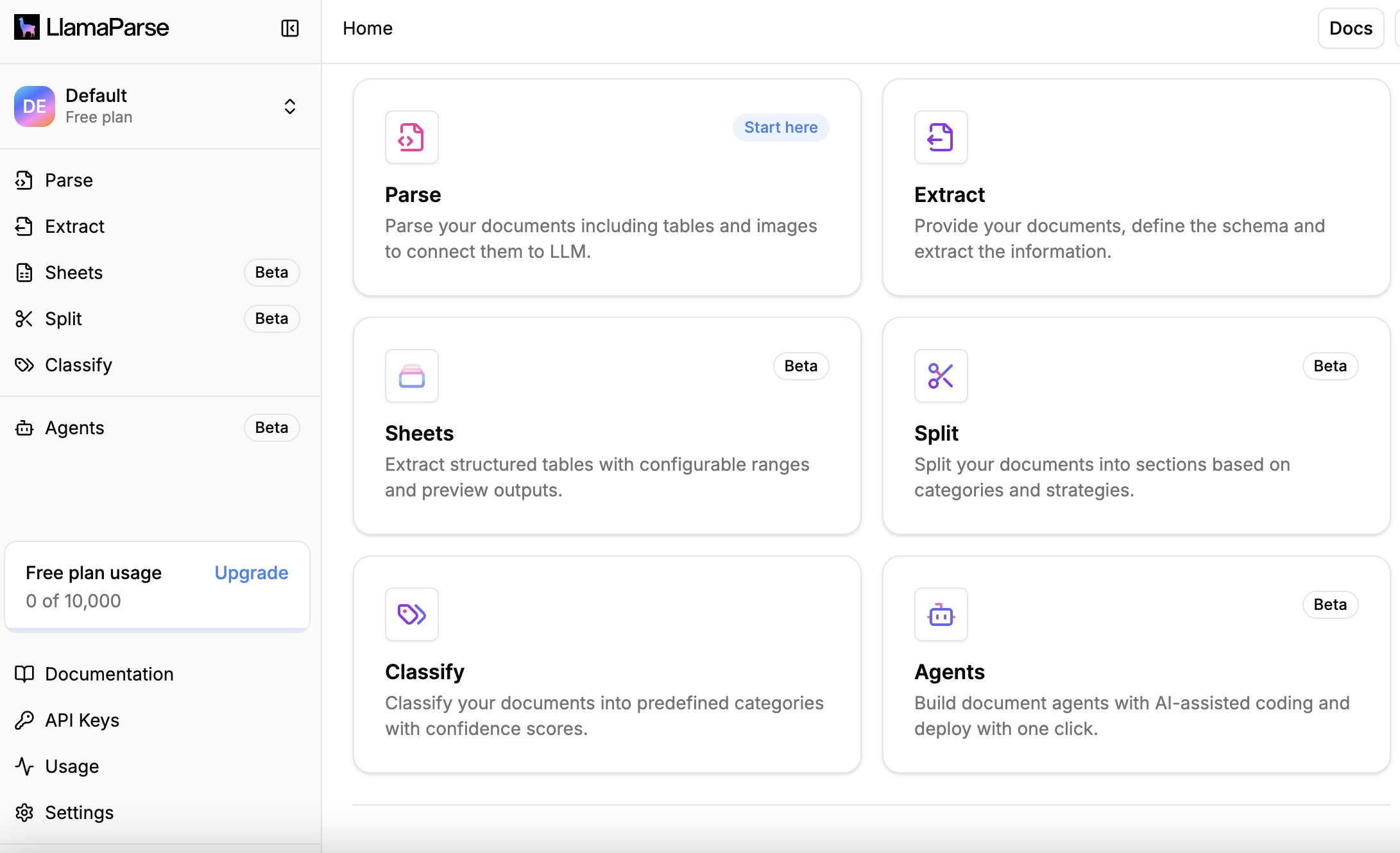 LlamaParse home menu