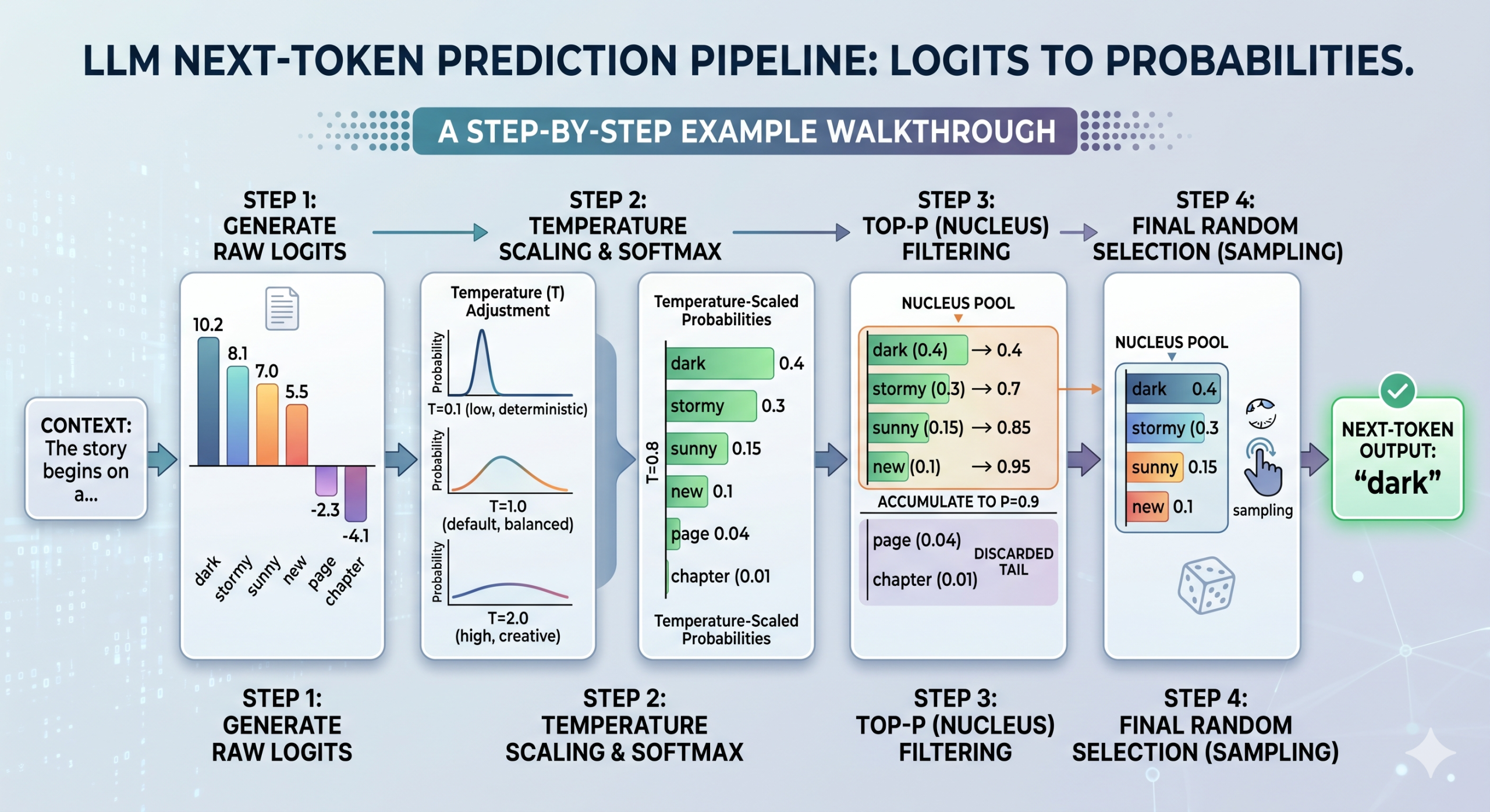 Token selection walkthrough based on logits, temperature, and top-p