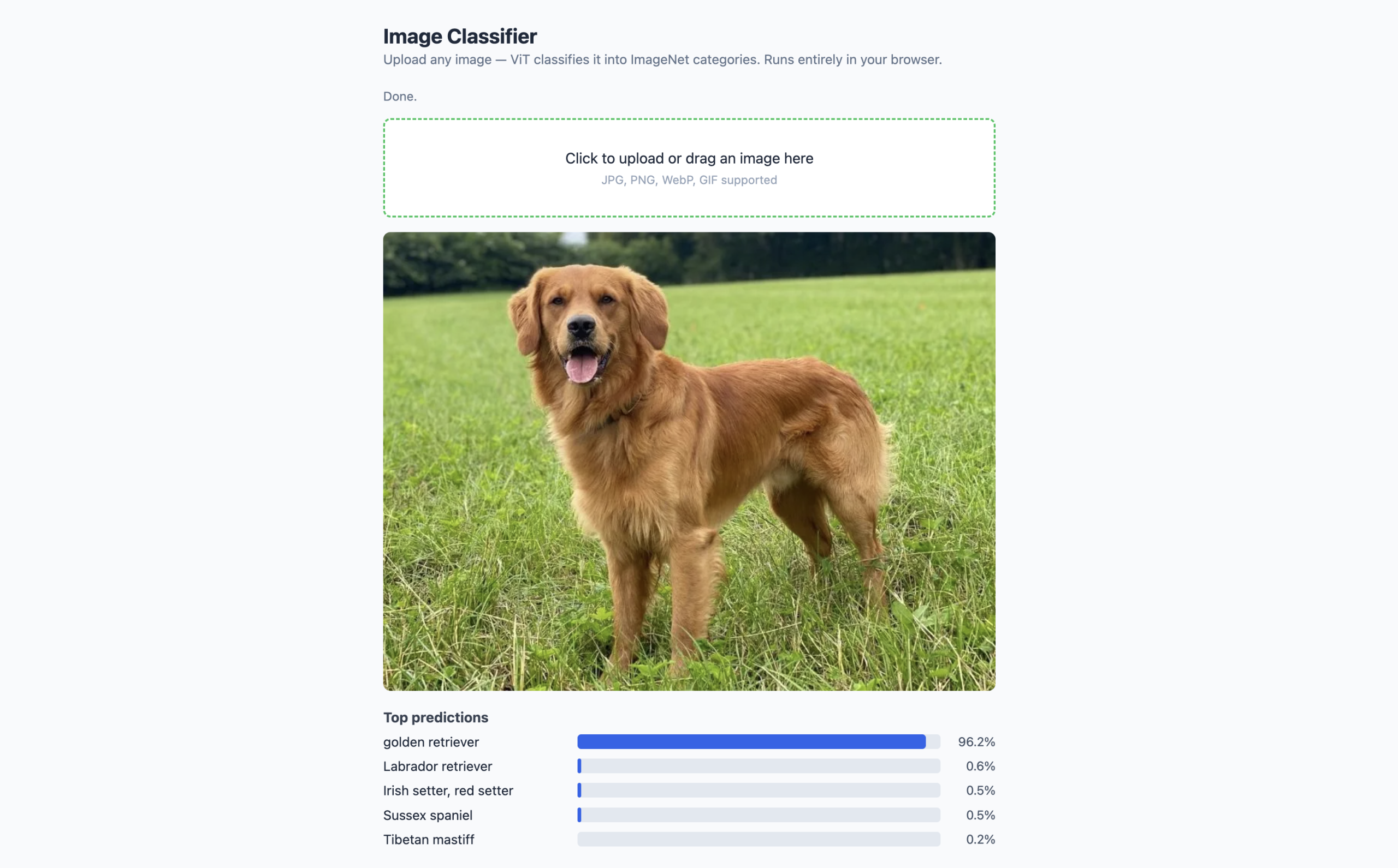 Browser mockup of the image classifier running at localhost