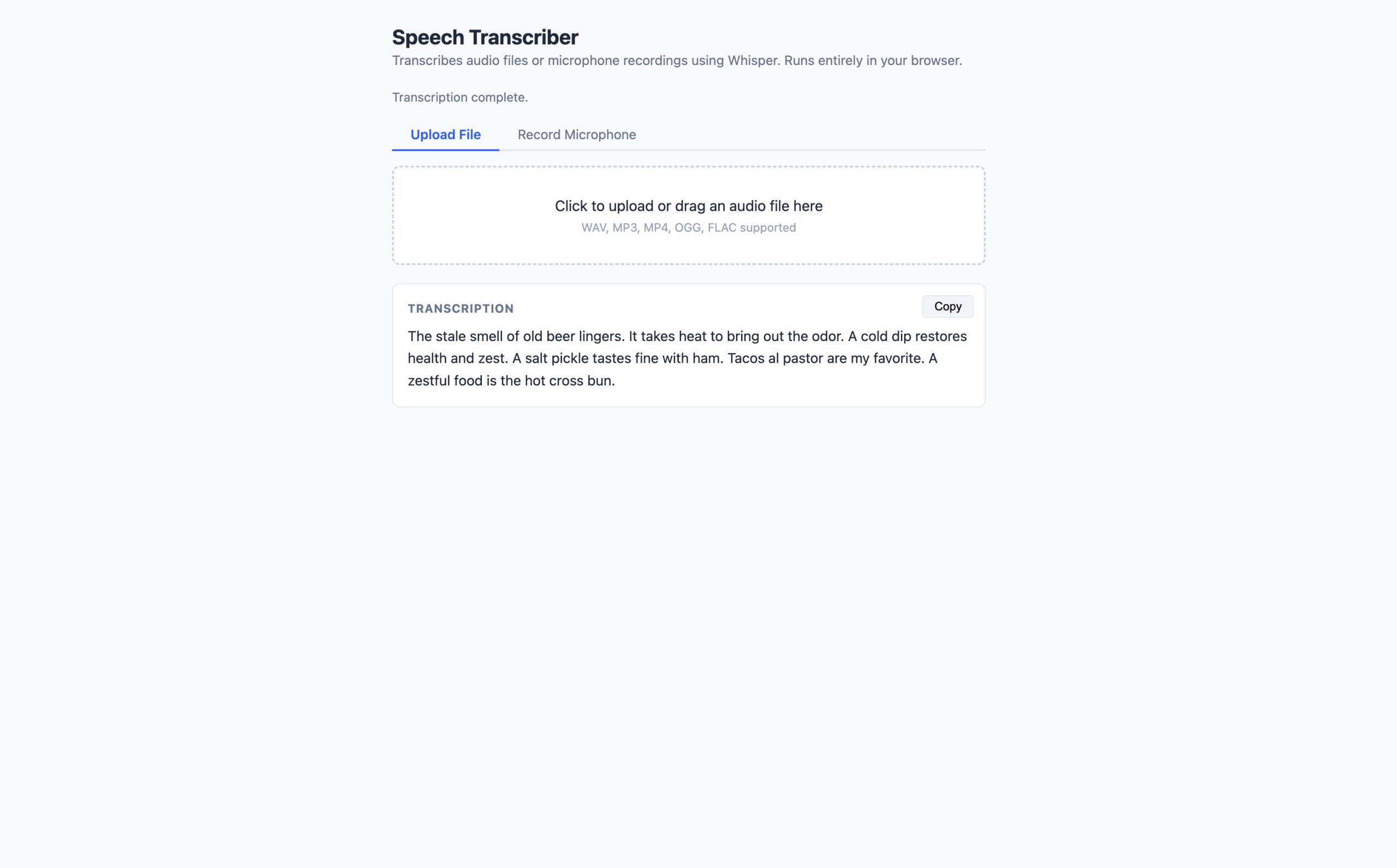 Browser mockup of the speech transcriber at localhost